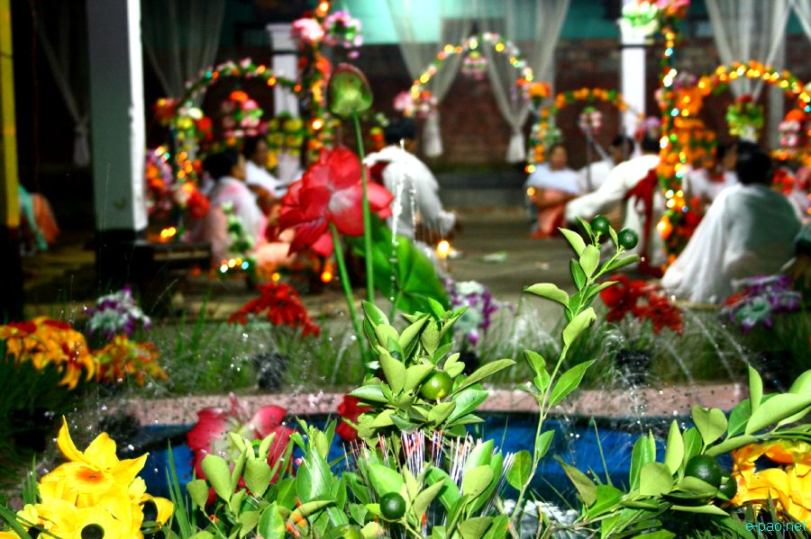 Devotees sing devotional songs at Mandop on occasion of Jhulon Festival at Khuyathong, Imphal :: July 30 2012