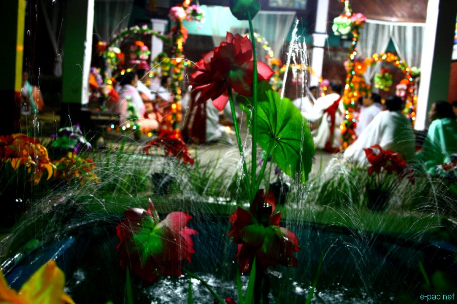 Devotees sing devotional songs at Mandop on occasion of Jhulon Festival at Khuyathong, Imphal :: July 30 2012