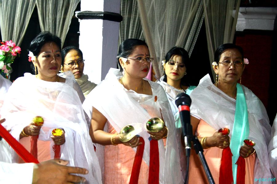 Devotees sing devotional songs at Mandop on occasion of Jhulon Festival at Khuyathong, Imphal :: July 30 2012