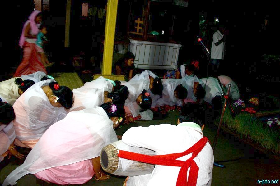 Devotees sing devotional songs at Mandop on occasion of Jhulon Festival at Khuyathong, Imphal :: July 30 2012