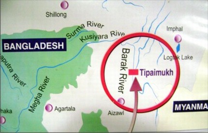A picture of Tipaimukh and the rivers that flow to Bangladesh