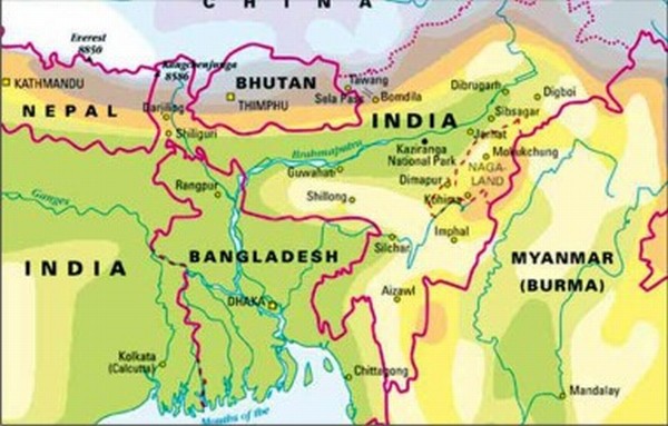 North East region of India with Myanmar, Bangladesh lying nearby