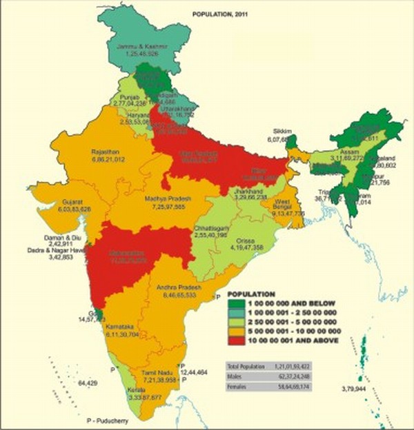 A map of India showing the population over regions (the key)