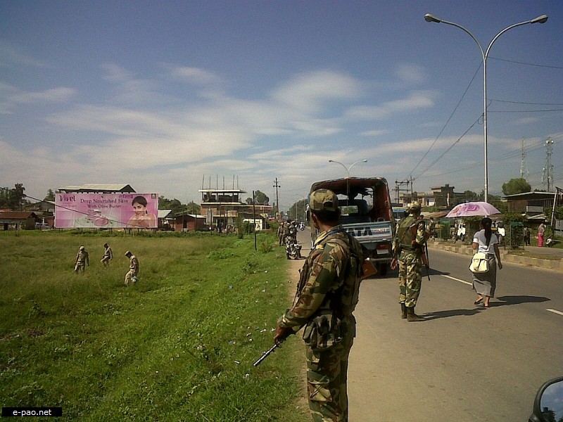Army patrolling after a bomb blast on the road median of Tiddim Road near Tidim Ground, Imphal on September 08 2012 