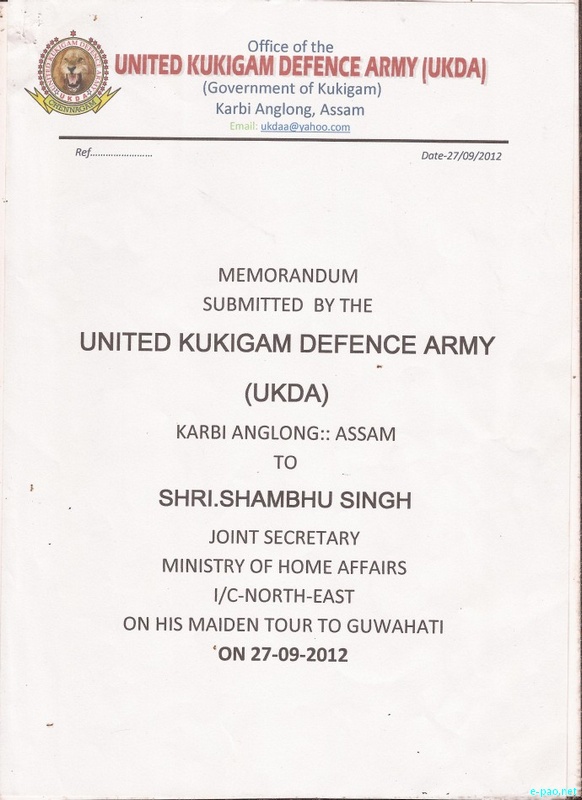 UKDA (United Kukigam Defence Army) Memorandum to Joint Secy(NE) Home Ministry :: September 27 2012