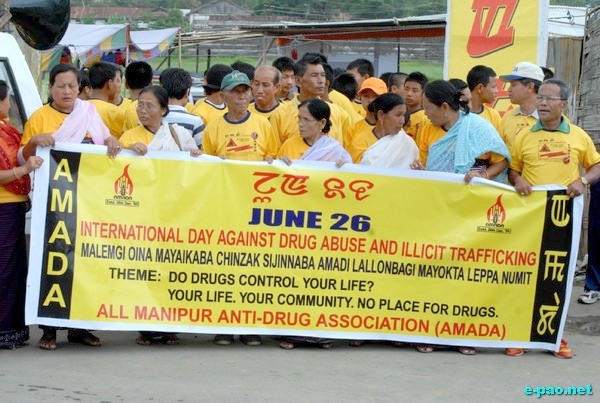 All Manipur Anti-Drug association (AMADA) observed the International Day Against Drug Abuse and Illicit Trafficking, thousands of peoples took part in the Mass Rally in Imphal after that a public meeting was held at THAU ground Thangmeiband on Friday, the 26th June 2009. 