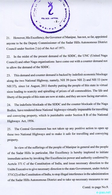 Communication from the King of Manipur, Leishamba Sanajaoba about Sadar Hills issue :: 28th October 2011