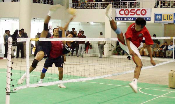 An action from Men's Sepak Thakraw Team Event Final at the 33rd National Games in Guwahati on Saturday, February 17, 2007